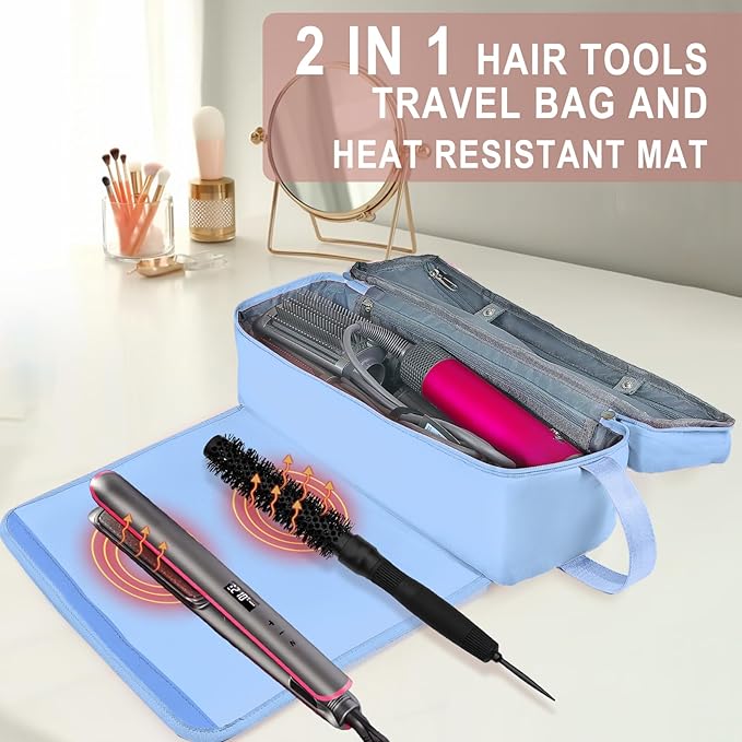 FAMOPLAY Hair Tools Travel Bag with Heat Resistant Mat Hair Styling Accessories Storage Case for Hair Dryer Flat Iron Straightener Curling Iron Haircare Accessories Travel Essentials for Women