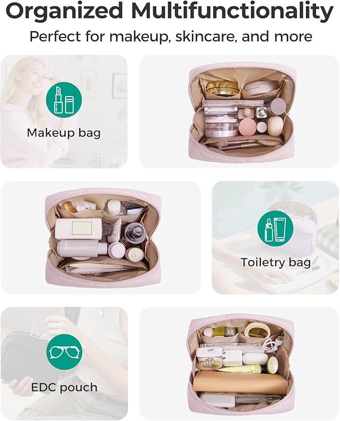 BAGSMART Puffy Makeup Bag, Wide Opening Cosmetic Organizer, Soft Water-Resistant Travel Toiletry Pouch for Women for Purse, Compact & Spacious
