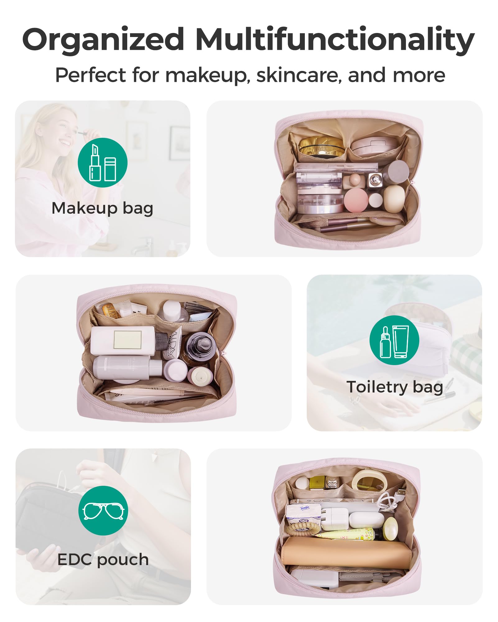 BAGSMART Puffy Makeup Bag, Wide Opening Cosmetic Organizer, Soft Water-Resistant Travel Toiletry Pouch for Women for Purse, Compact & Spacious