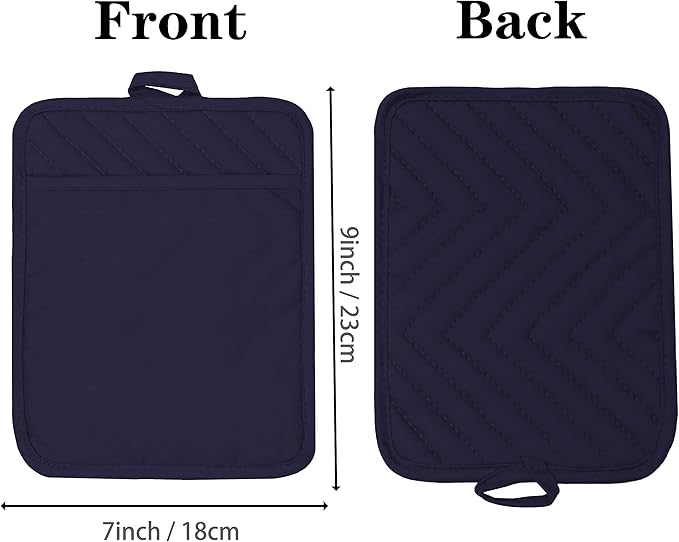 VEIKERY Oven Pot Holder with Pocket Cotton Heat Resistant Coaster Potholder Kitchen Hot Pad Oven Mitts for Cooking Square 7"x9"Set of 5 (Navy Blue)
