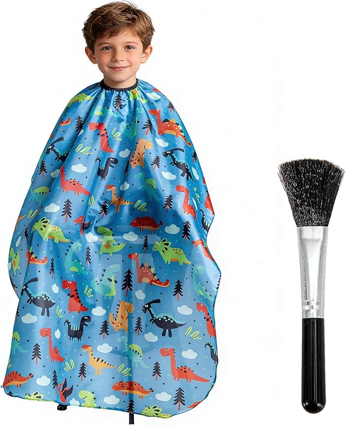 Gealaek Kids Haircut Cape and Neck Duster Brush Set with Dinosaur Pattern Kids Barber Cape 55x40 Inches for Boys & Girls Salon Cape Kit (Blue)