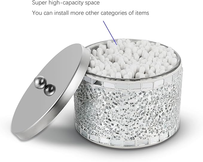 Bathroom Jars q tip holder, Mosaic Glass Cotton Swab Holder, Cosmetics Makeup Accessories Storage for Makeup Sponge Bath Salts Storage Christmas Birthday, Silver