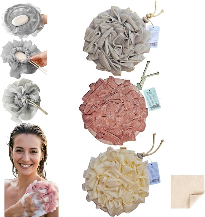 Washcloth Loofah Combo 2-in-1 Loufee Wash Cloth That Holds Bar Soap-Exfoliation Mesh Shower Ball for Body Wash&Smooth Skin+Free Loofah Dish Towel