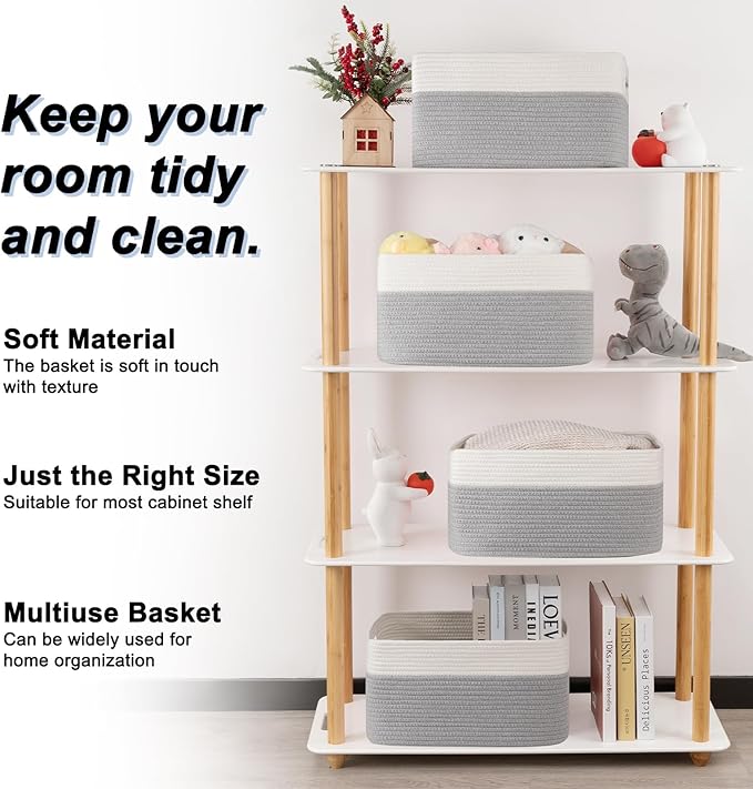 SIXDOVE 4 Pack Storage Baskets for Organizing, Woven Baskets for Shelves - Perfect for Toys, Books, Towels, and Clothes, Durable Gift Basket Bins Toy Storage, 15.7''Lx11.8''Wx7.8''H, Grey and White