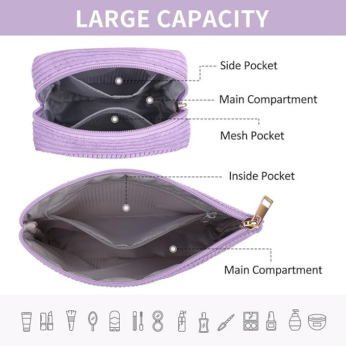 MAGEFY Small Makeup Bag, 2 Pcs Corduroy Makeup Bag for Purse Make Up Organizer Bag Mini Pouch with Slip-in Pockets Aesthetic Preppy Stuff - Purple
