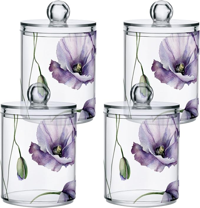 4 Pack Qtip Holder Dispenser Watercolor Flowers Purple Poppies Cotton Ball Cotton Swab Round Pads Floss Clear Bathroom Storage Containers Plastic Apothecary Jars with Lids