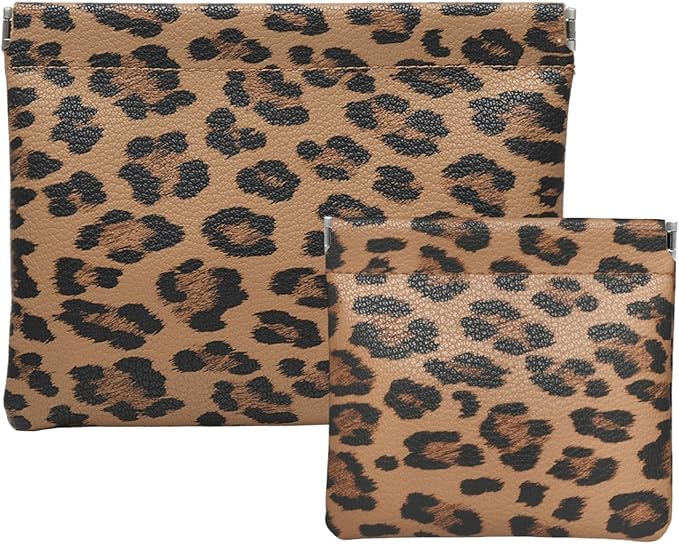 Ksriylm 2 Leopard Leather Small Makeup Pouches Set for Women,Cosmetic Accessories,Waterproof and Portable Cosmetic Bags,Self-closing,No Zipper, Aesthetic Storage Pouch,Lipstick for Purse, Brown