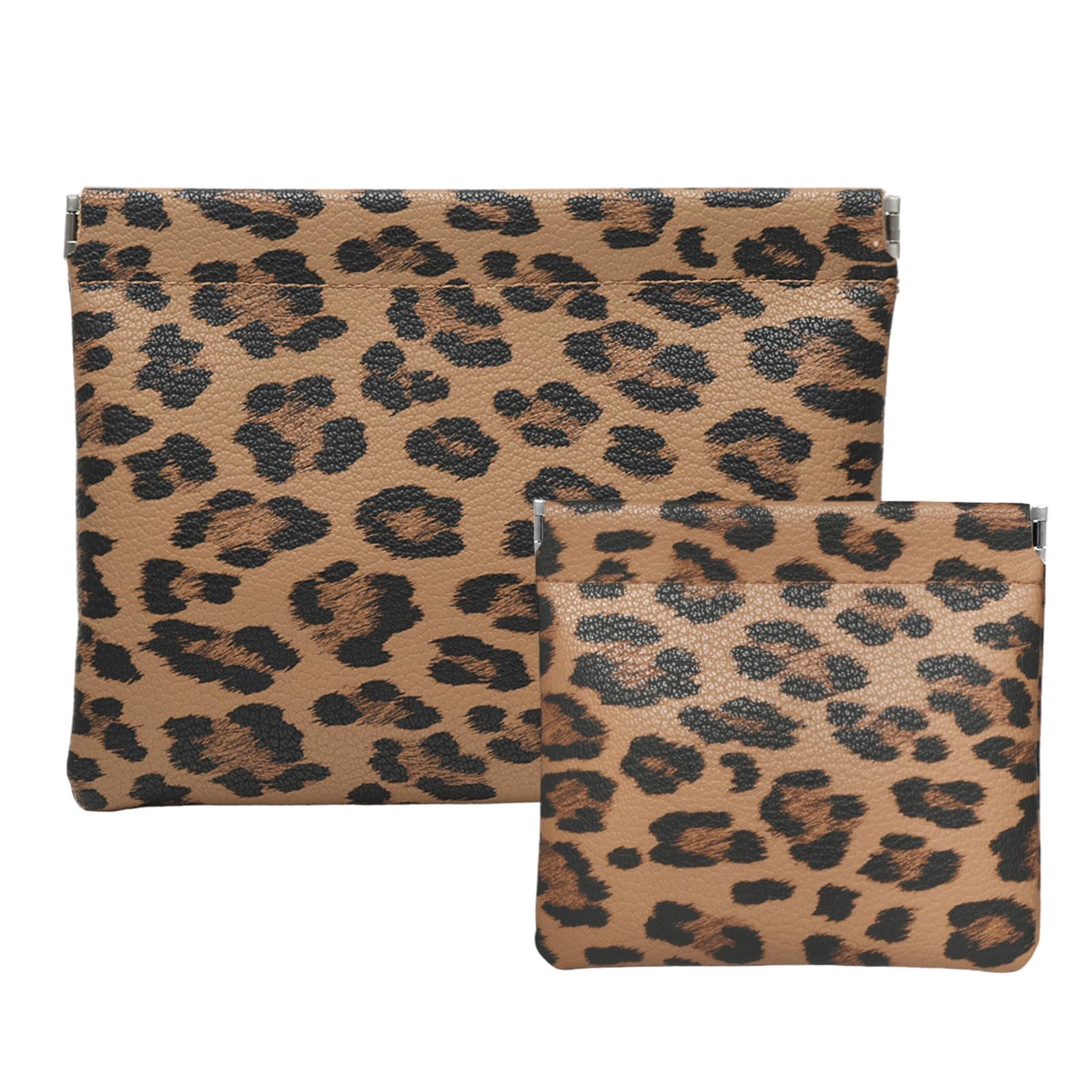 Ksriylm 2 Leopard Leather Small Makeup Pouches Set for Women,Cosmetic Accessories,Waterproof and Portable Cosmetic Bags,Self-closing,No Zipper, Aesthetic Storage Pouch,Lipstick for Purse, Brown