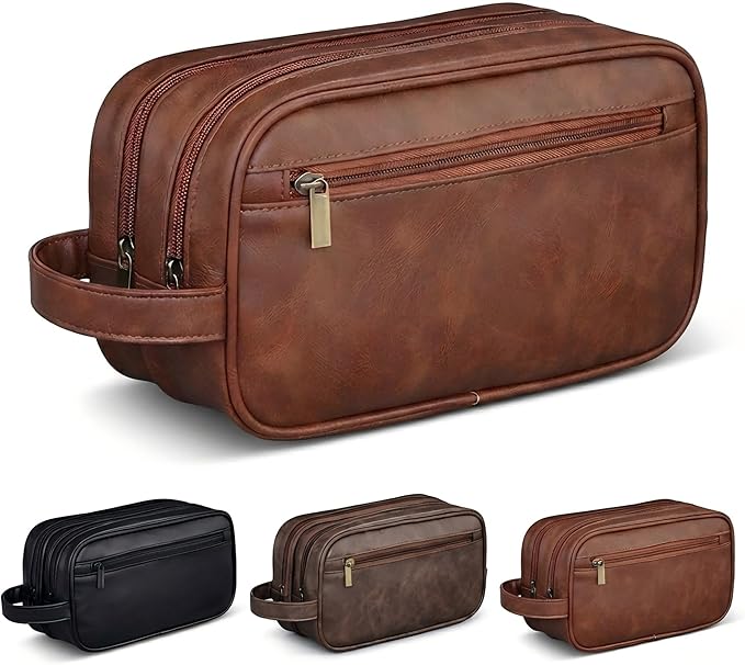 Men’s Toiletry Bag Travel Dopp Kit – double-deck Leather Water-Resistant Shaving Organizer Large Capacity, Double Compartments & Inner Pockets for Grooming, Bathroom & Gym Trip Toiletry Case(Black)