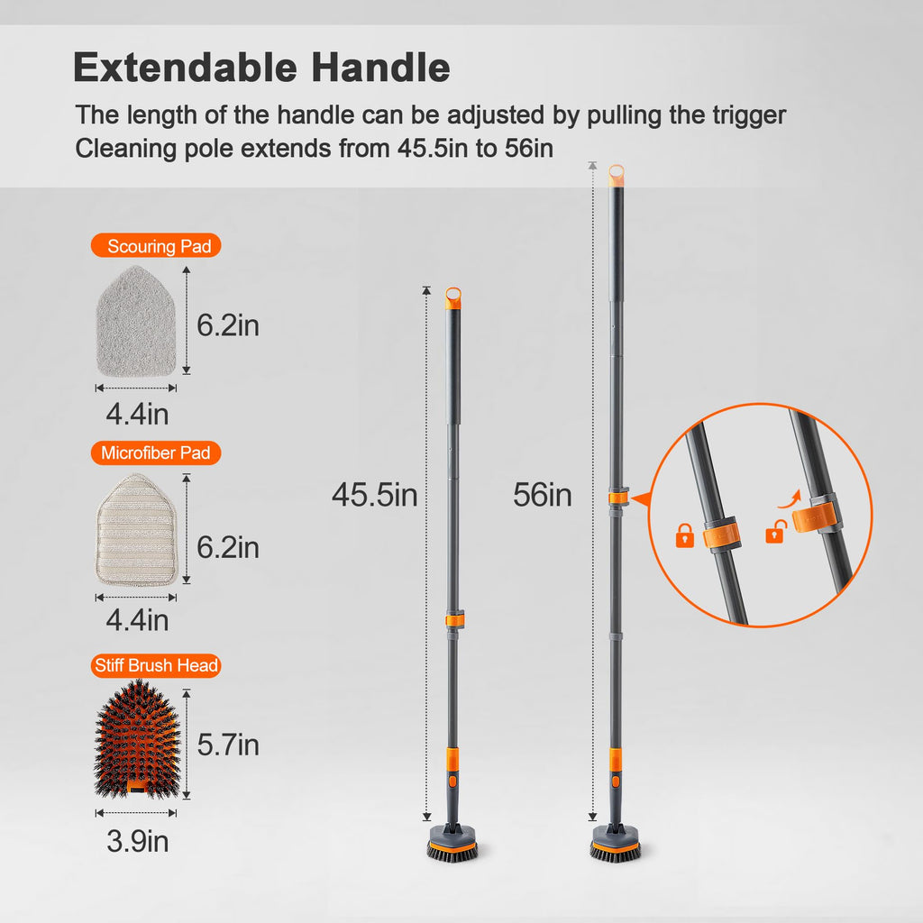 CLEANHOME Tile Tub Scrubber Brush with 3 Different Function Cleaning Heads and 56" Extendable Long Handle-No Scratch Shower Scrubber for Cleaning Bathroom Kitchen Toilet Wall,Bathtub,Sink,Grey