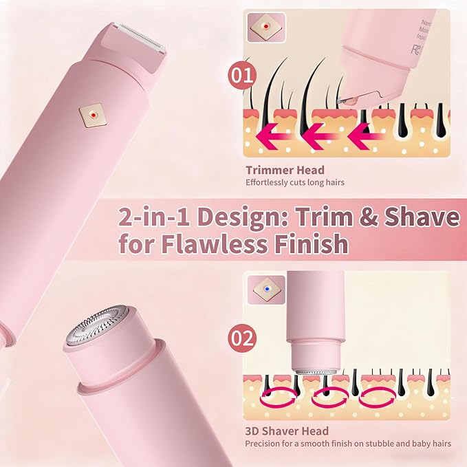 2 in 1 Bikini Trimmer for Women, Painless Waterproof Electric Razors for Women, Dual Head Travel Electric Shaver for Facial Legs Armpits Body Hair Remover, Rechargeable Pubic Hair Trimmer, Pink