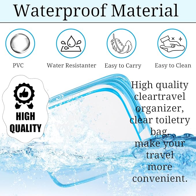 6 Pieces Large Clear Makeup Bags Bulk TSA Approved Toiletry Bag for Travel Transparent Clear Cosmetic Pouch with Zipper, Waterproof Plastic Organizer Case for Carry-on Travel Essentials (Blue)