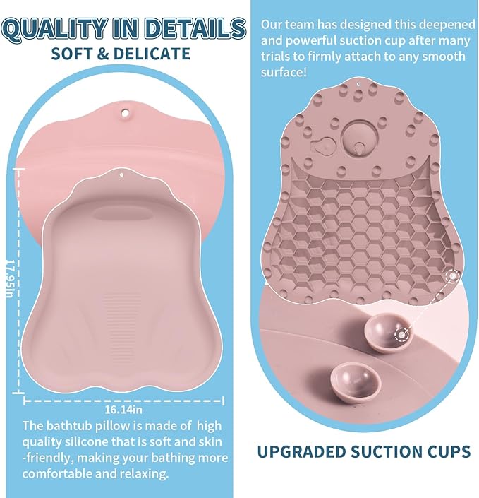 Silicone Bath Pillow for Tub – Ergonomic Bathtub Headrest with Inflatable Air Cushion, Non-Slip Suction Cups & Neck/Back Support – Comfortable Spa Bath Accessory for Relaxation (Pink)