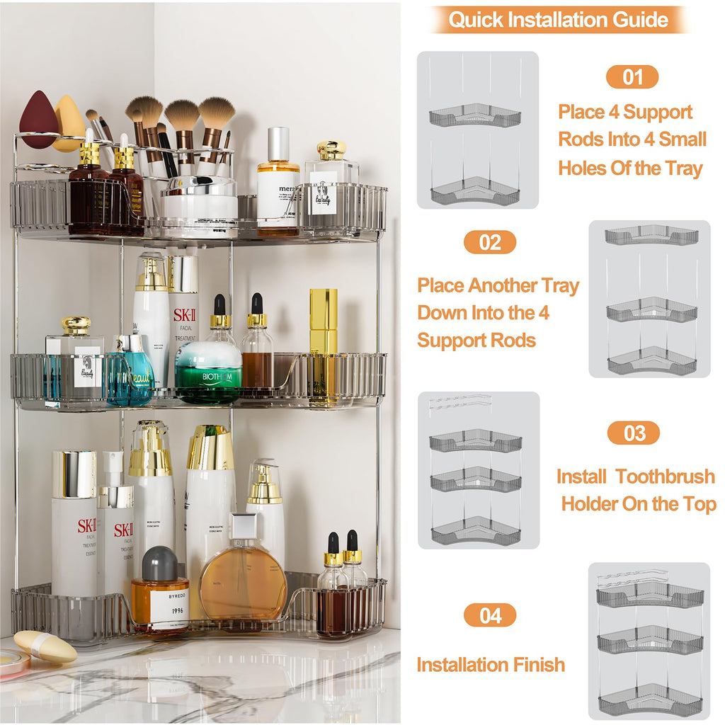SUNZOS Modern 3-Tier Bathroom Organizer, Corner Makeup Storage with Brush Holder, Acrylic Vanity Organizer, Large Capacity Countertop Organizer for Kitchen, Dresser, Gray