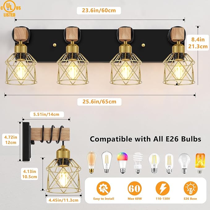 FadimiKoo Farmhouse Bathroom Vanity Light Fixtures, 4-Light Wood Bathroom Lighting Over Mirror, Rustic Black Gold Sconces Wall Lighting with Metal Lampshade for Living Room, Bedroom, Hallway