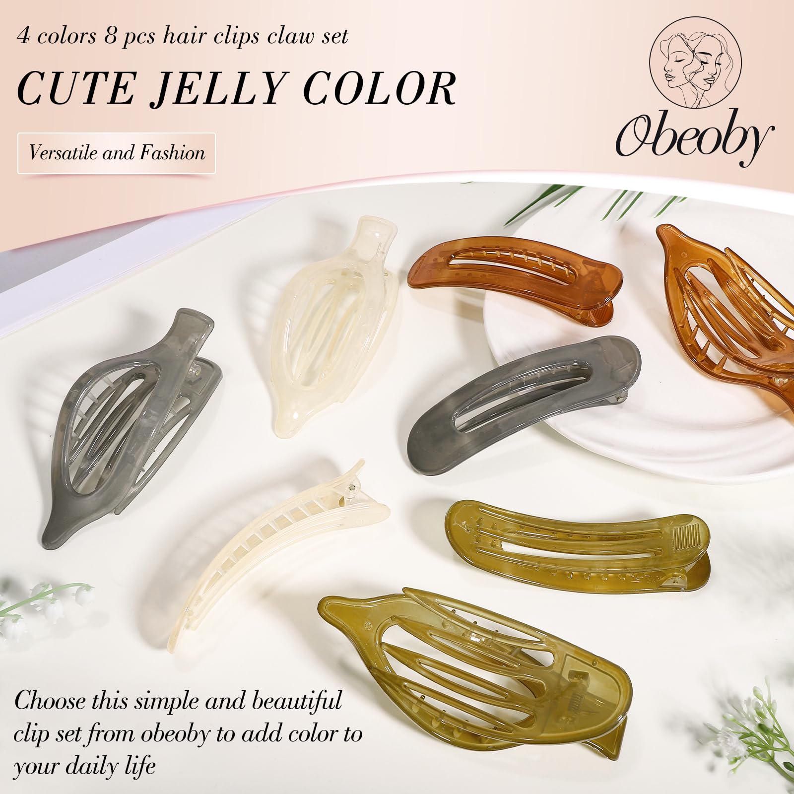 obeoby 8 Pcs Flat Hair Claw Clips For Women, 2 Styles French Barrettes Set