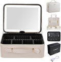 Faquenc Leather Makeup Case with LED Lighted Mirror 11.4 Inch Travel Makeup Bag Adjustable Brightness in 3 Colors Cosmetic Organizer Artist Storage Bag with Dividers Brush Holder Bag Vanity Pale Gold