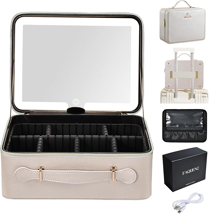 Faquenc Leather Makeup Case with LED Lighted Mirror 11.4 Inch Travel Makeup Bag Adjustable Brightness in 3 Colors Cosmetic Organizer Artist Storage Bag with Dividers Brush Holder Bag Vanity Pale Gold