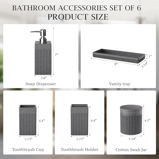 InnJoey 6-Piece Bathroom Set Grey - Stone Textured Resin Bathroom Organizer with Soap Dispenser, Toothbrush Holder, Vanity Tray, Tumbler & Cotton Swab Jars for Small Spaces