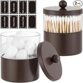 Gaussra Chocolate Brown Qtip Holder, Bathroom Jar - Stainless Steel Apothecary Jars with Stickers - Farmhouse Decor Qtip Dispenser for Qtips, Cotton Balls, Swabs, Makeup Sponges (2-Pack)