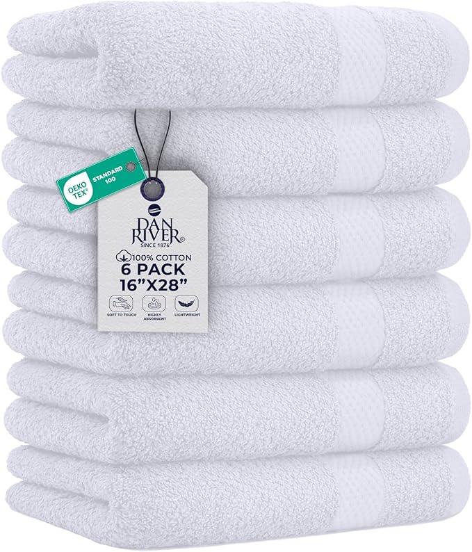 DAN RIVER 6-Pack Premium Hand Towels (16x28 Inches) - 100% Cotton, Ultra Soft, Lightweight, Highly Absorbent Towels for Bathroom, Spa, Gym, Salon, Hotel, and Travel - White