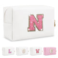 Personalized Initial A-Z Preppy Patch Makeup Bag,Small PU Chenille Letter Cosmetic Bag with Zipper for Teen Girls,Pink Cute Toiletry Organizer Bag,Monogram Makeup Case Gift for Women Girls,Letter N