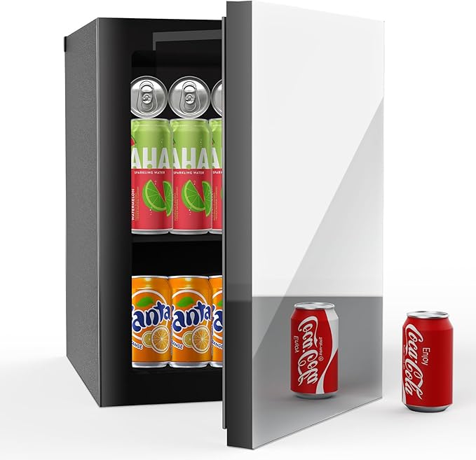 Erivess 24 Cans/0.95 Cubic Feet Beverage Refrigerator Cooler and Skincare Mini Fridge with Mirrored Front Door & Temperature Control, Countertop Small Fridge for Soda, Beer and Cosmetics, Skincare