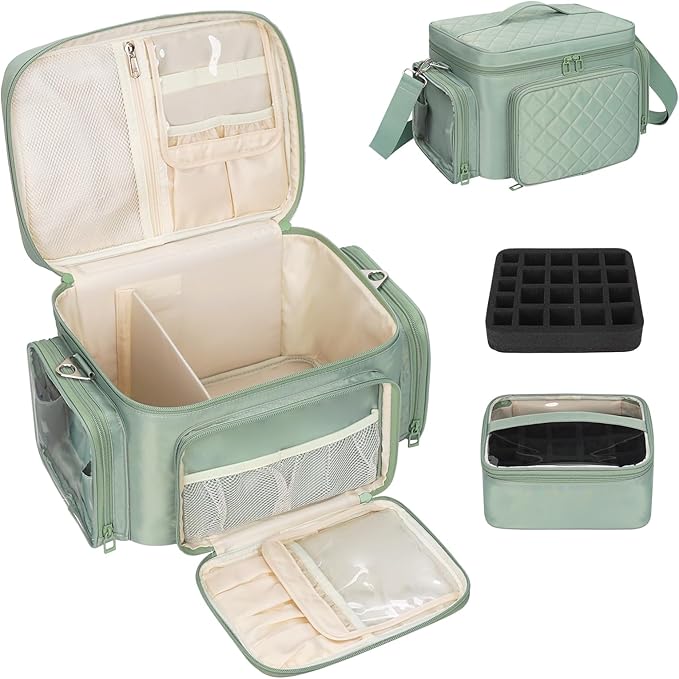 Bagmoly Nail Polish Organizer, Nail Polish Storage Holds 42+ Bottles & Nail Lamp, Portable Travel Nail Kit Storage Carrying Case Fits Nail Suppiles, Gift for Manicurist, Grils - Green