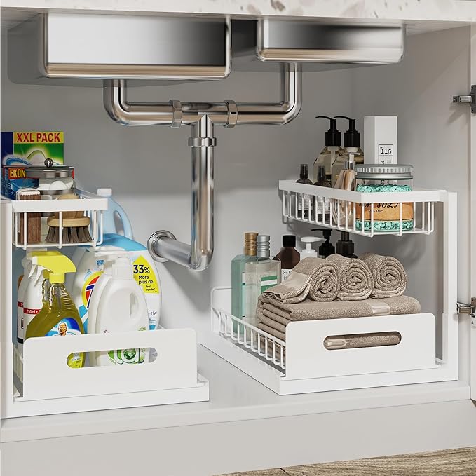 REALINN Under Sink Organizer, Pull Out Cabinet Organizer, 2 Tier Metal Slide Out Shelf with L Shaped Design for Kitchen, Bathroom, Laundry, and Utility Cabinet Storage for Deep Cabinets, White, 2 Pack
