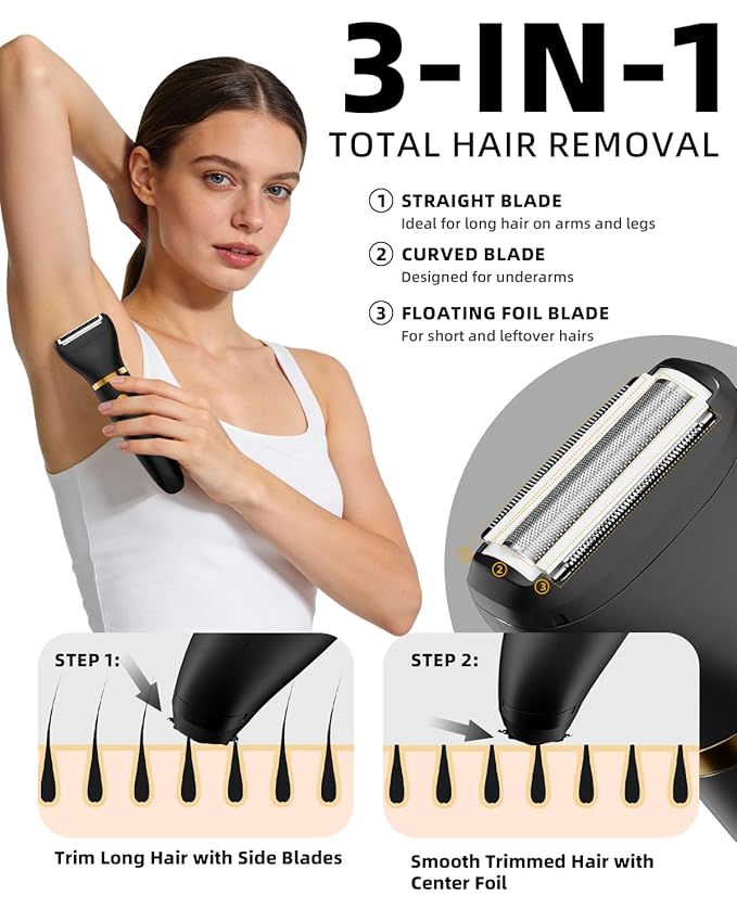 Ufree Bikini Trimmer Electric Razors for Women, Rechargeable Pubic Body Hair Trimmer Electric Shaver for Legs Body Hair, Bikini Shaver IPX7 Waterproof, Gifts for Women, Black
