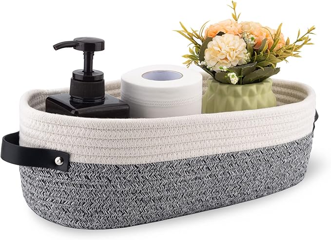 Oradrem Small Cotton Rope Woven Basket Toilet Paper Baskets for Organizing Decorative Basket for Boho Decor Small Storage Basket 13"x5.9"x4" Variegated Gray&White