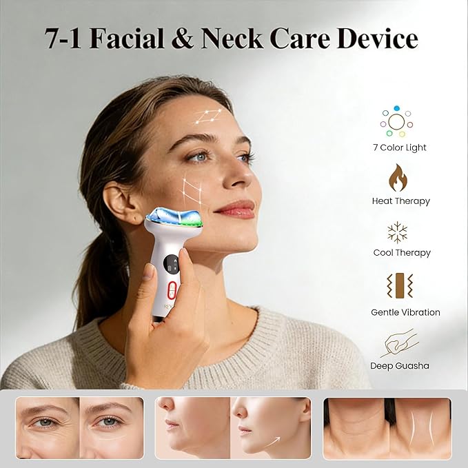 RFVDC Cold Heated Electric Gua Sha, Facial Neck Lymphatic Drainage Sculpting Tool, Cooling Depuffing Wand for Puffy Face, 7-in-1 LED Red Light Face Massager for Lifting, Contouring, Firming