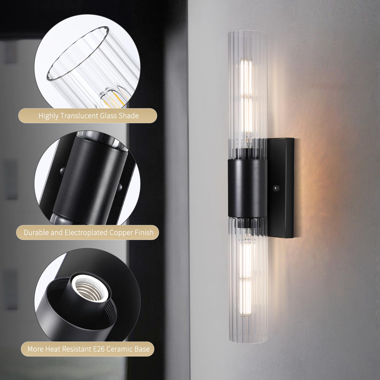 21" Bathroom Vanity Sconces Set of 2, Black Hardwired Wall Sconces Set of Two with Threaded Glass Shade, Modern Up Down Wall Decor Set of 2 for Bathroom Living Room Bedroom Hallway-Bulb Not Included