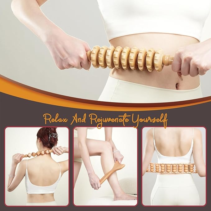 PYSEAN Wooden Massage Tool Set, 7-Piece Body Massage Kit for Home Use, Manual Included