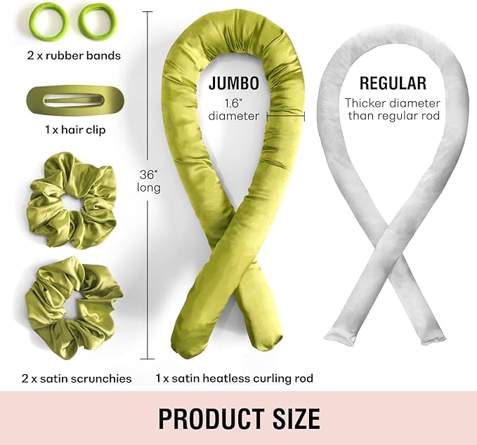 BLINKEEN Jumbo Heatless Hair Curler Set-Satin Heatless Curls Overnight, Jumbo Curling Rod Headband, No Heat Curlers To Sleep in (Green)