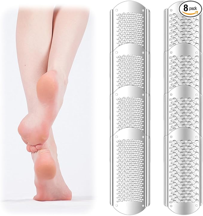 8 PCS Foot File, Callus Remover for Feet Stainless Steel Replacement Blades 2 Designs Big & Fine Hole Foot File Pedicure Tool Detachable Feet Scrubber for Rasp Corn Hard Skin Remove, Wet and Dry Use