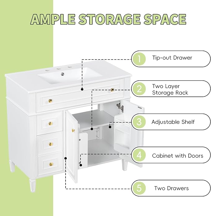 Harper & Bright Designs 36" Bathroom Vanity with Sink, Free Standing Single Basin Vanity Set with Tip-Out Drawer, 2 Drawers, and 2 Doors, Wood Bathroom Cabinet with Ceramic Basin for Bathroom, White