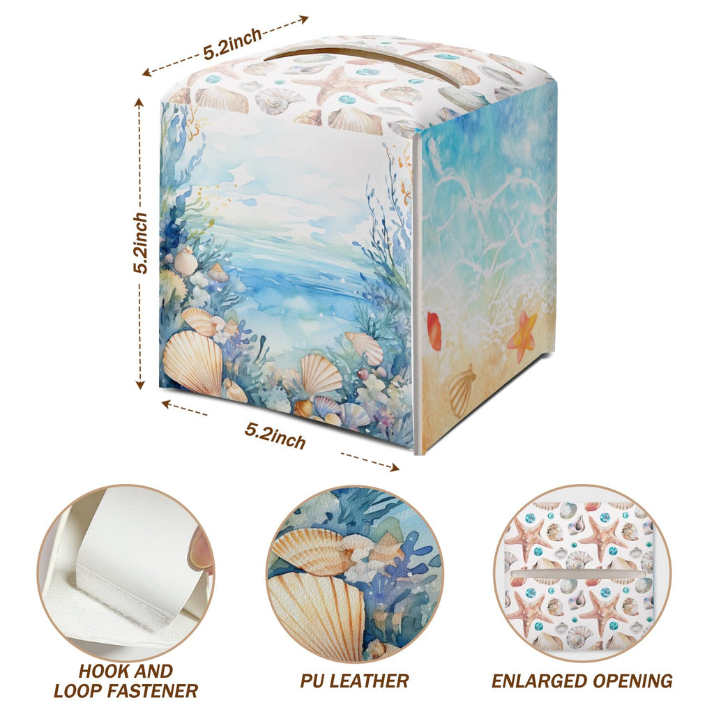 Coastal Starfish Seashell Tissue Box Cover Square with Bottom Belt, Leather Waterproof Tissue Holder Facial Paper Case for Tabletop Home Office Bathroom Car Decor -10