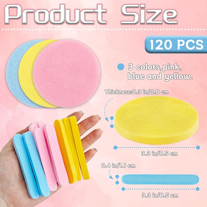 120 Pieces Facial Sponge Compressed,Round Face Cleansing Sponge,Makeup Removal Sponge Pad for Exfoliating Wash,Spa,Mask(Yellow,Pink,Blue)