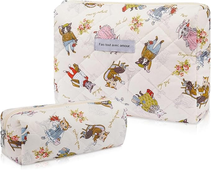 Gosect 2PC Makeup Bag Set, Cute Cosmetic Bag for Women Girls, Floral Coquette Aesthetic Toiletry Bag, Travel Make Up Organizer Bag (Cat Print)