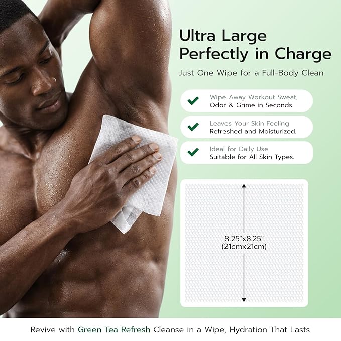 60 PCS Rinse-Free Body Wipes, Ultra Thick Shower Wipes for Skin, Disposable & Travel Essentials, Hypoallergenic, Green Tea & Aloe-Infused, XL Cleansing Wipes for Post Workout Cleanup & Elderly Hygiene