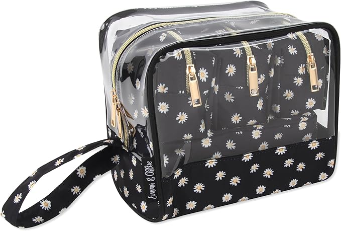 Emma & Chloe Travel Toiletry Bags for Women, 5 Piece Waterproof Cosmetic Case, Bag, Pouch Makeup Organizer Set for Women, Home Counters (Delicate White Daisies)