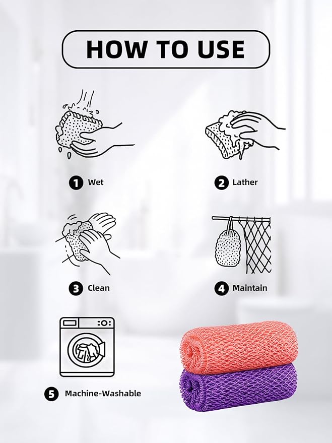 2Pcs African Net Sponge Authentic with Knots - Exfoliating Body Scrubber for All Skin Types, African Bath Sponge, Wash Cloth, Gentle Exfoliation Shower Rag for Women Daily Use(Pink & Purple)