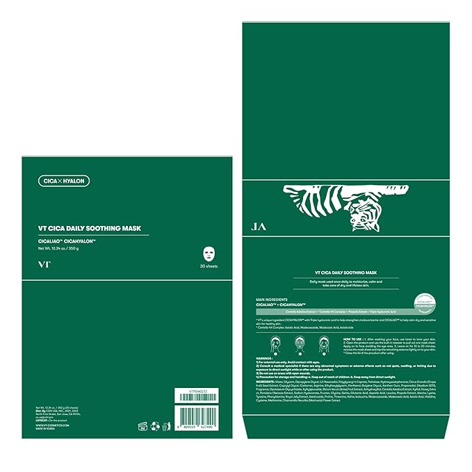 VT COSMETICS CICA Daily Soothing Mask, 30 Sheet Face Masks for Sensitive Skin, Centella Asiatica & Triple Hyaluronic Acid, Hydrating Korean Sheet Mask for Redness, Dryness & Skin Barrier Care