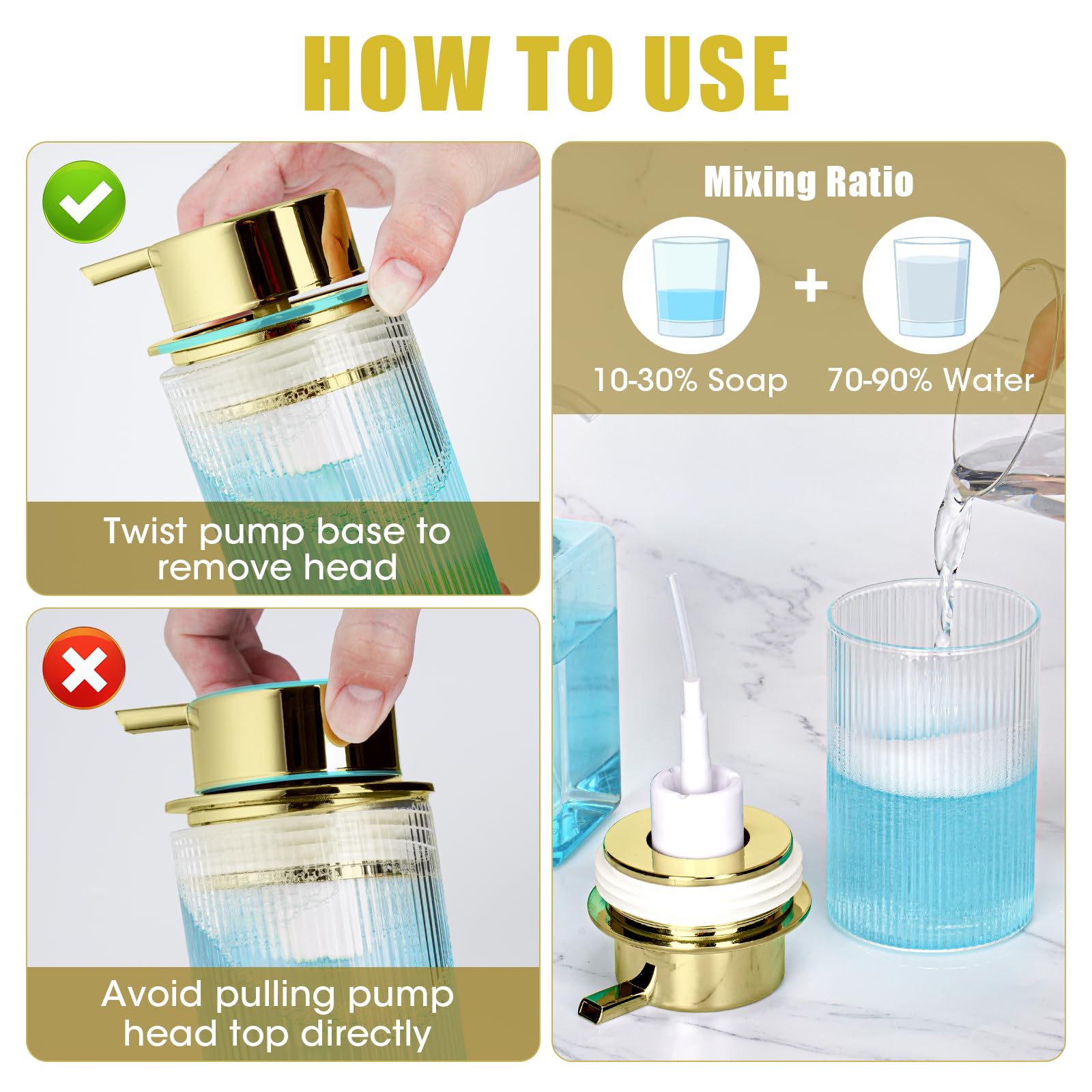 NiHome 14oz Multifunctional Glass Foaming Hand Soap Dispenser with Elegant Stripe Pattern, High-Capacity Easy to Refill for Home & Commercial Use, Advanced Foam Pump & Non-Slip Base (Gold)