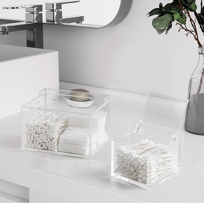 Dealpoli Clear Acrylic Cotton Swab Ball Holder Qtip Organizer with Lid 2-Grid Canister for Make Up Pads, Floss Picks, Vanity Storage,Bath Salts, Cosmetics, Home Bathroom Decor (DP004)