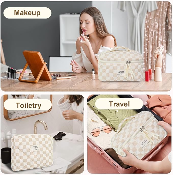 GISMTR 3Pcs Makeup Bag Cotton Quilted Travel Cosmetic Bag Cute Floral Makeup Pouch Large Toiletry Bag for Women Girls