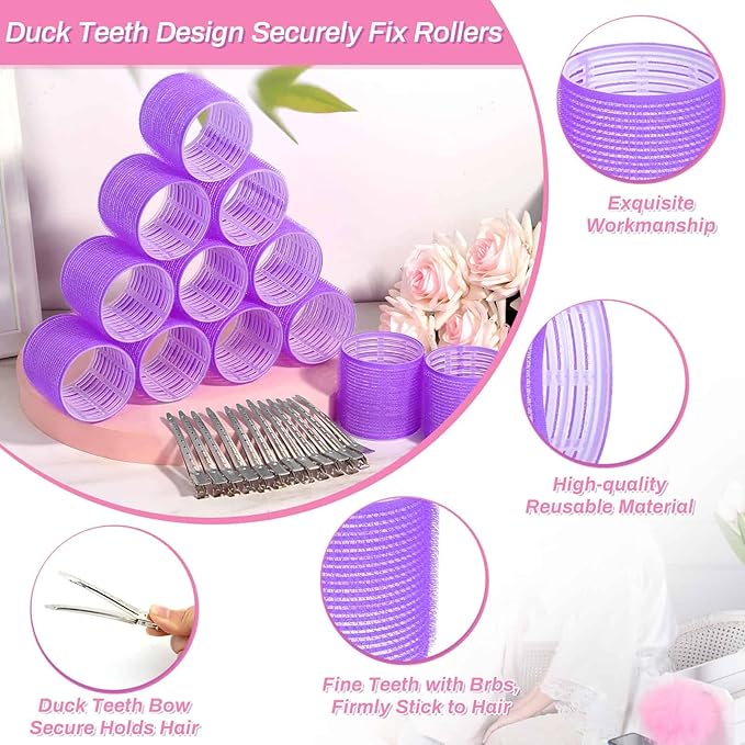 Jumbo Hair Curlers Set - 24 Pieces with 12 Large Rollers and 12 Clips for Adding Volume to Long, Thick Hair (Purple)