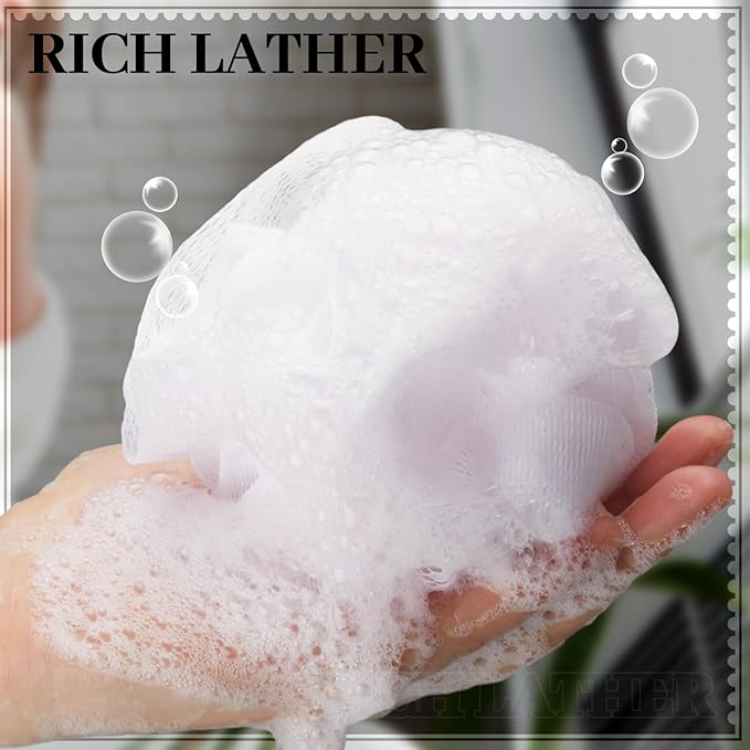 Funnymoom 12 Pcs Travel Size Loofah Individually Wrapped, Small Shower Puff Bath Sponge Pouf Ball Bulk Mesh Bath Puff Mini Loofah Sponge with Case Bulk for Shower Care (50g,White)