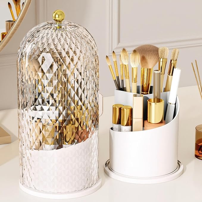 Makeup Brush Holder with Lid，Makeup Brush Storage Box with Diamond Pattern，360 Rotating Waterproof and Dustproof Beauty Brushes Storage for Vanity Bathroom,White